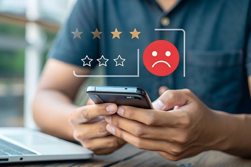 Mann bedient Smartphone, darüber negatives Smiley und schlechte Sterne Bewertung